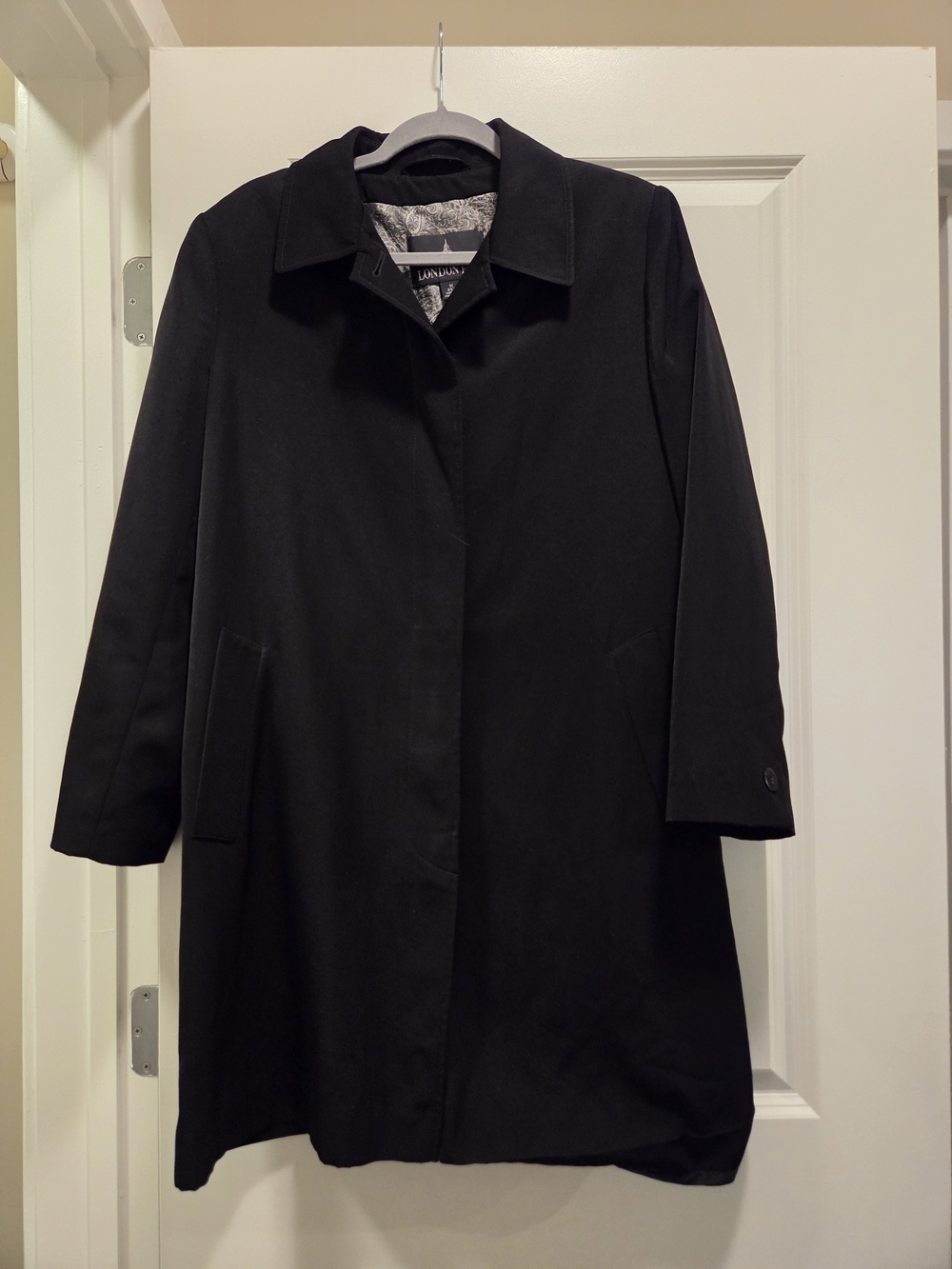 London Fog Black Long Trench Coat Paisley Lined Size Medium